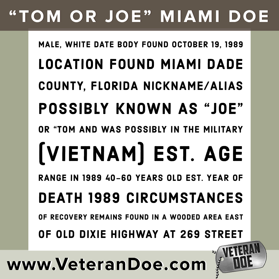 unidentified missing person Joe or Tom Vietnam Veteran