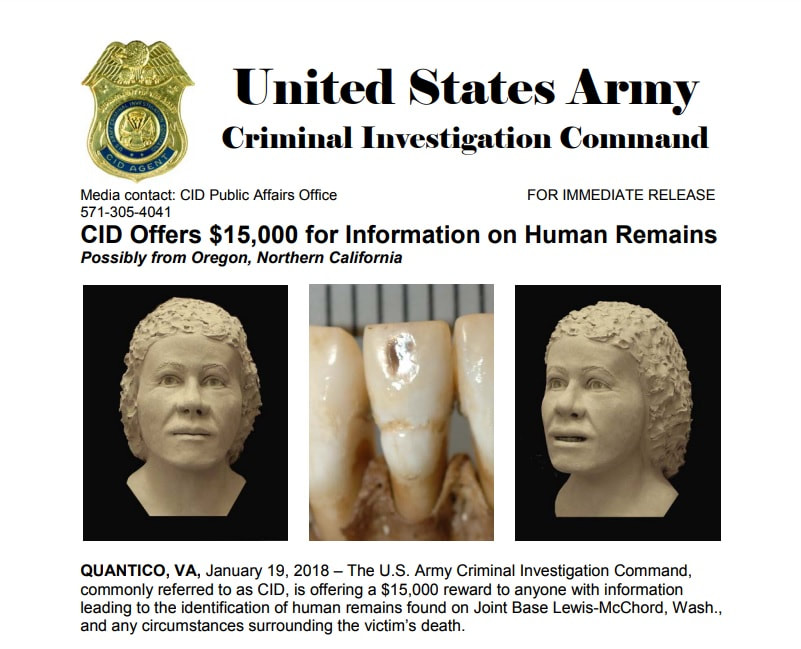 Unidentified Missing Person Oregon California Washington Reward Army CID