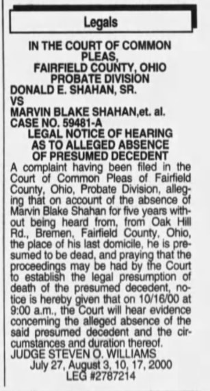 Marvin Blake Shahan missing person veteran Ohio California